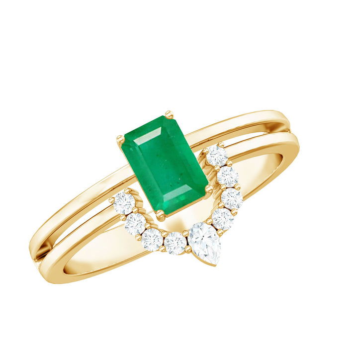 Natural emerald cut emerald double band engagement ring with diamonds by Rosec Jewels, showcasing intricate design and sparkling gemstones.