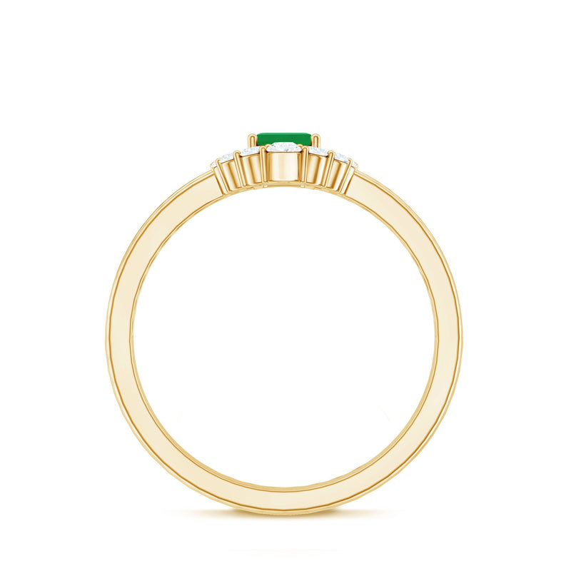 Natural emerald cut emerald double band engagement ring with diamonds by Rosec Jewels, showcasing intricate design and sparkling gemstones.