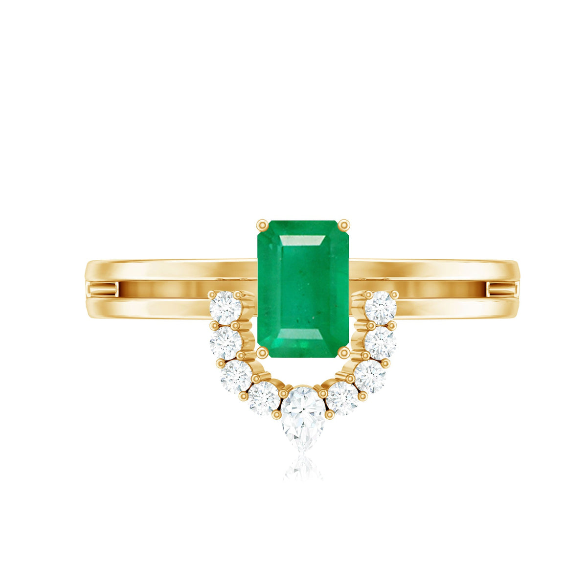 Natural emerald cut emerald double band engagement ring with diamond accents by Rosec Jewels, showcasing elegant gemstone and band design