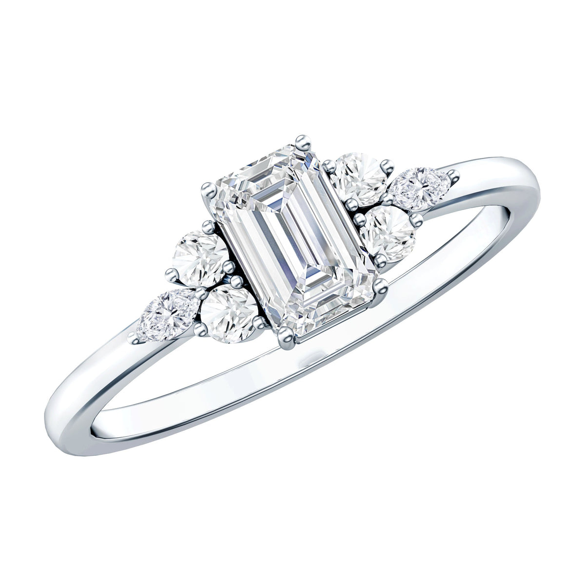 Octagon cut cubic zirconia engagement ring with trio stones by Rosec Jewels, showcasing detailed design and sparkling gemstones.