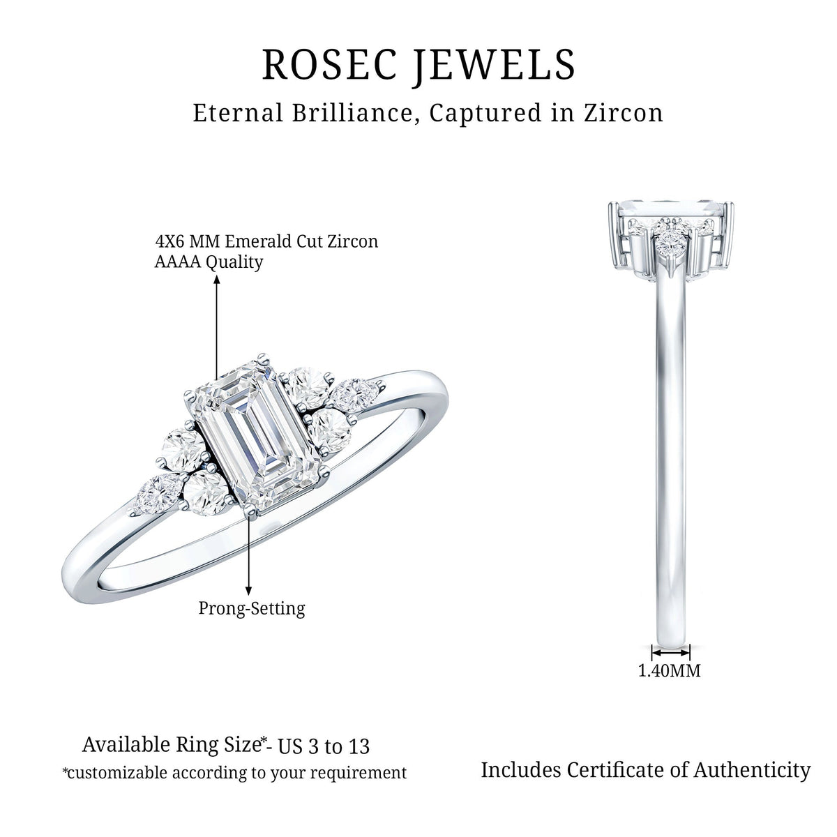Rosec Jewels 1 CT octagon cut cubic zirconia engagement ring with trio of stones, showcasing elegant ring design and sparkling gemstones.
