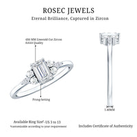 Rosec Jewels 1 CT octagon cut cubic zirconia engagement ring with trio of stones, showcasing elegant ring design and sparkling gemstones.