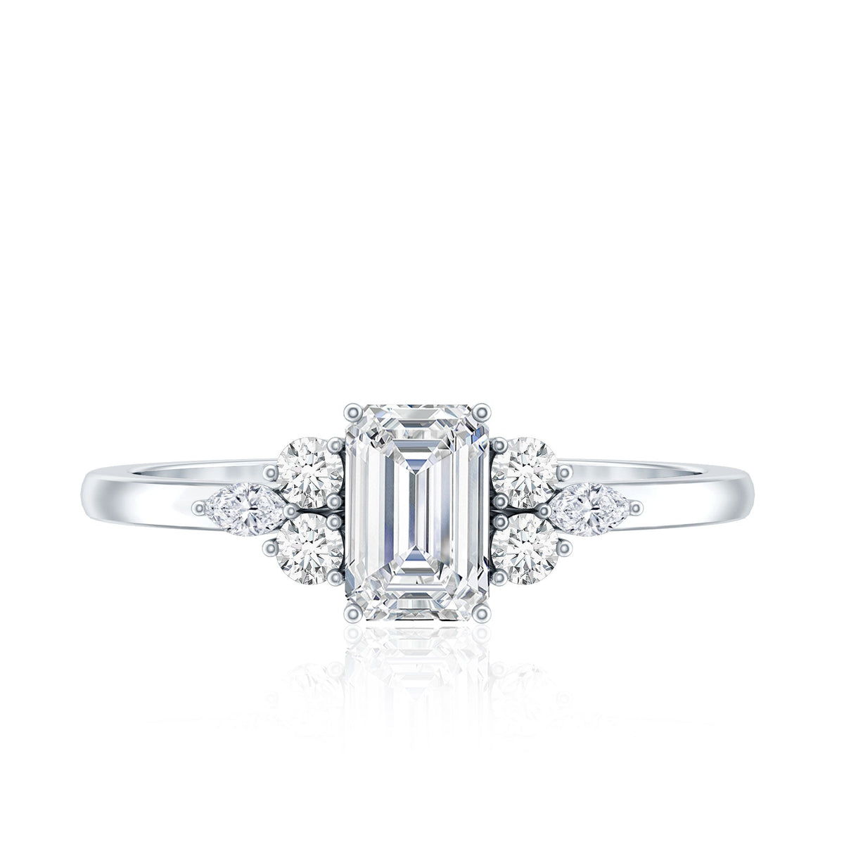Rosec Jewels 1 CT octagon cut cubic zirconia engagement ring with trio side stones, showcasing a sparkling central gemstone and intricate band.