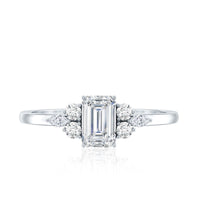 Rosec Jewels 1 CT octagon cut cubic zirconia engagement ring with trio side stones, showcasing a sparkling central gemstone and intricate band.