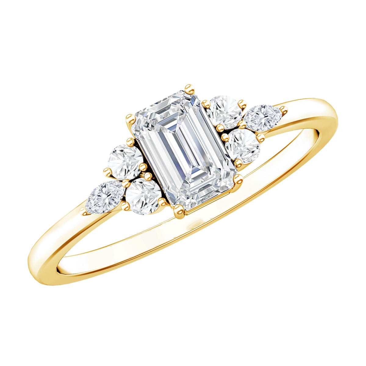 Rosec Jewels 1 CT octagon cut cubic zirconia engagement ring with trio of stones, showcasing elegant silver band and sparkling gemstones.