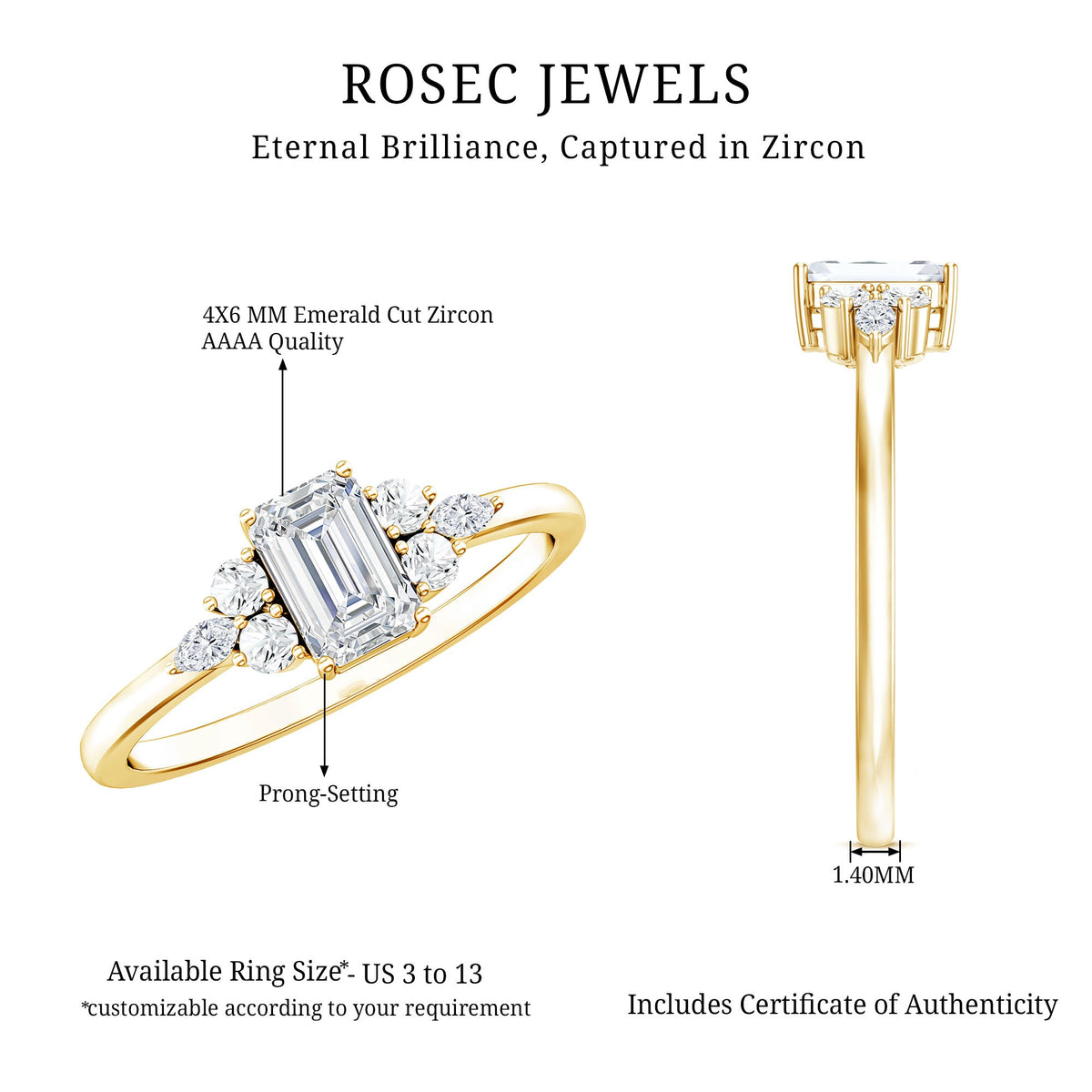 Rosec Jewels 1 CT octagon cut cubic zirconia engagement ring with trio stones, showcasing sparkling gemstone details.