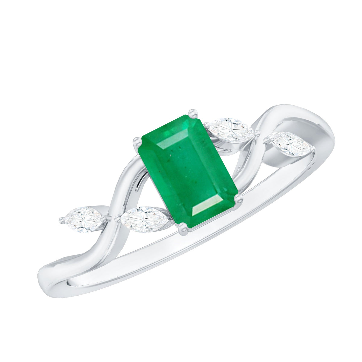 Natural emerald cut emerald engagement ring with diamond accents from Rosec Jewels, showcasing elegant design and sparkling gemstones.