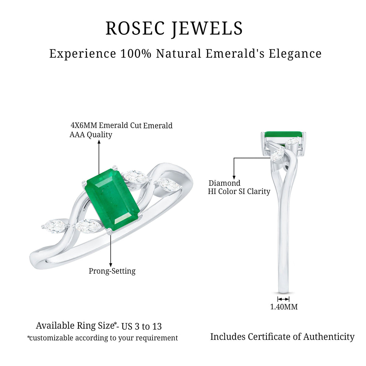 Natural emerald cut emerald engagement ring with diamonds by Rosec Jewels, showcasing a sleek design and sparkling gemstones.