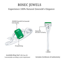 Natural emerald cut emerald engagement ring with diamonds by Rosec Jewels, showcasing a sleek design and sparkling gemstones.