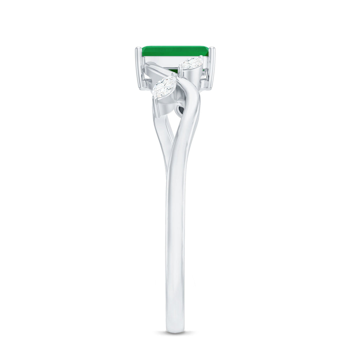Natural emerald cut emerald engagement ring with diamond accents by Rosec Jewels, showcasing the elegant design and sparkling gemstones.
