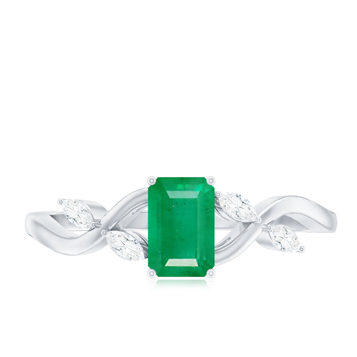 Natural emerald cut emerald engagement ring with diamonds from Rosec Jewels, showcasing elegant design and sparkling gemstone details.