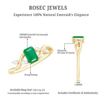Natural emerald cut emerald engagement ring with diamonds from Rosec Jewels, showcasing a sleek design and sparkling gemstone details.