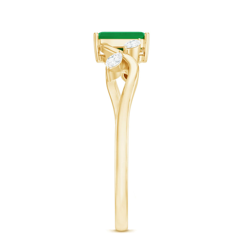 Natural emerald cut emerald engagement ring with diamonds, designer Rosec Jewels ring featuring a sleek, elegant gold band.
