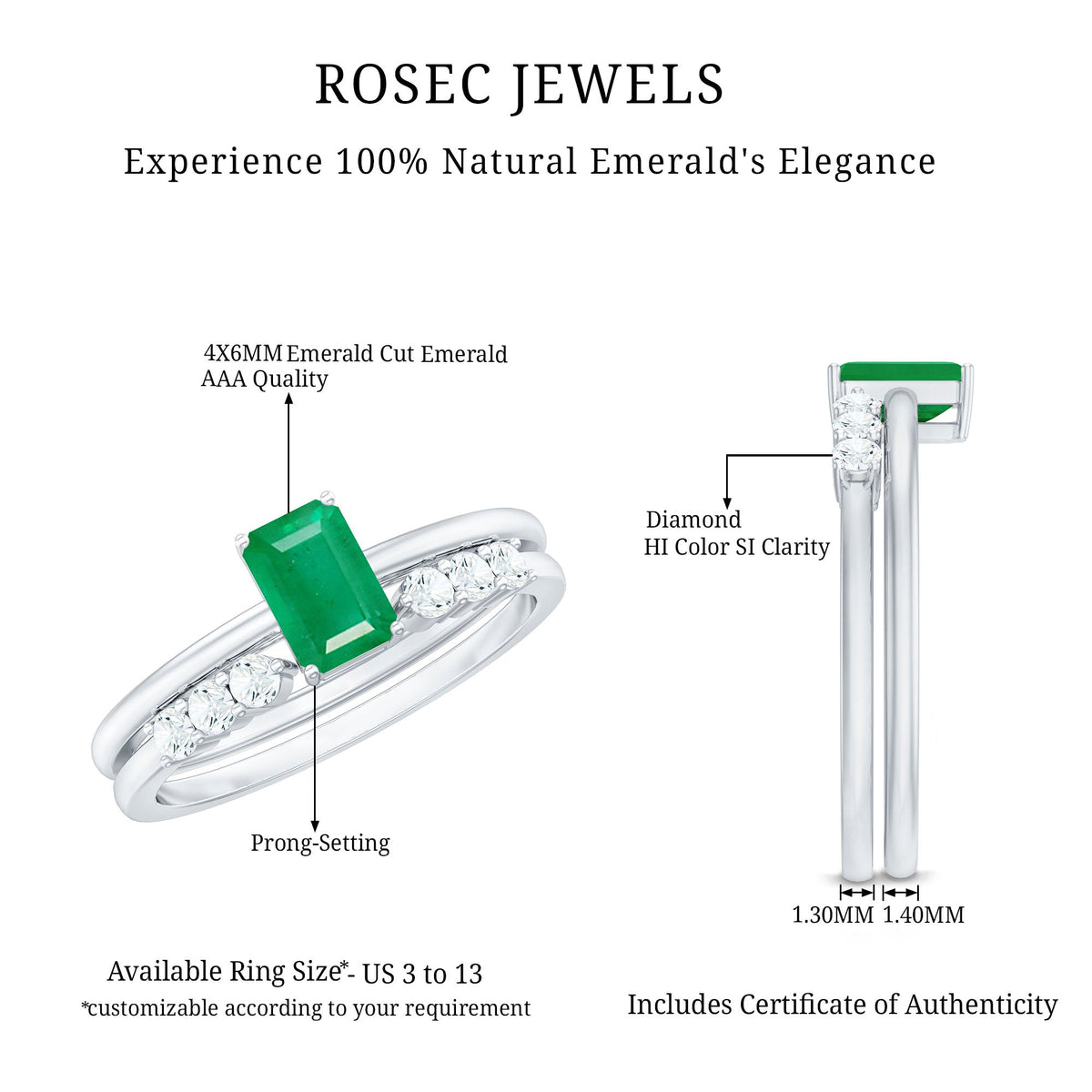 Natural emerald cut emerald and diamond wedding ring set by Rosec Jewels, featuring sleek, elegant engagement and wedding rings.
