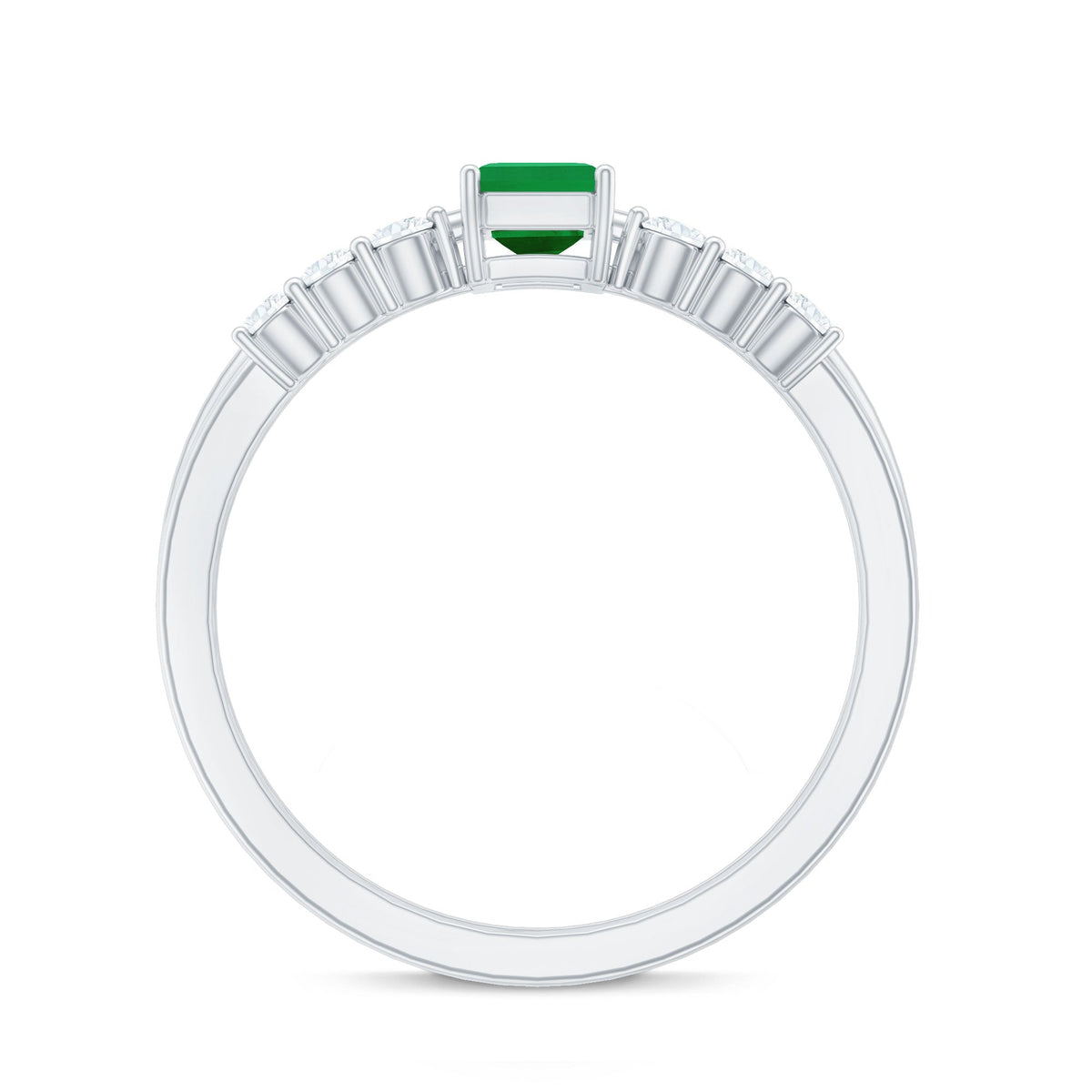Pair of natural emerald cut diamond and emerald wedding rings set by Rosec Jewels, featuring elegant designs and sparkling gemstones.