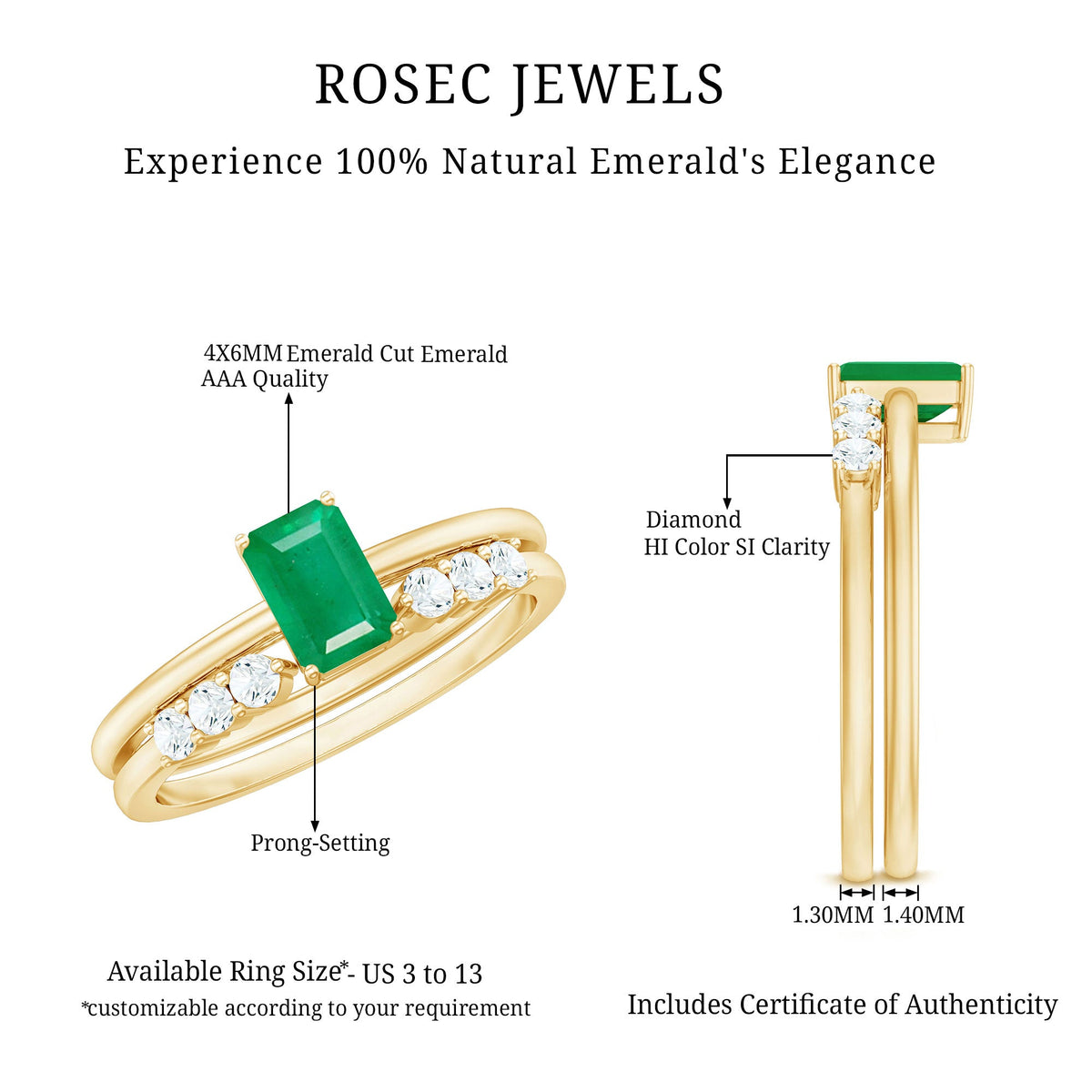 Natural emerald cut diamond engagement and wedding rings set by Rosec Jewels, featuring elegant emerald and diamond accents.