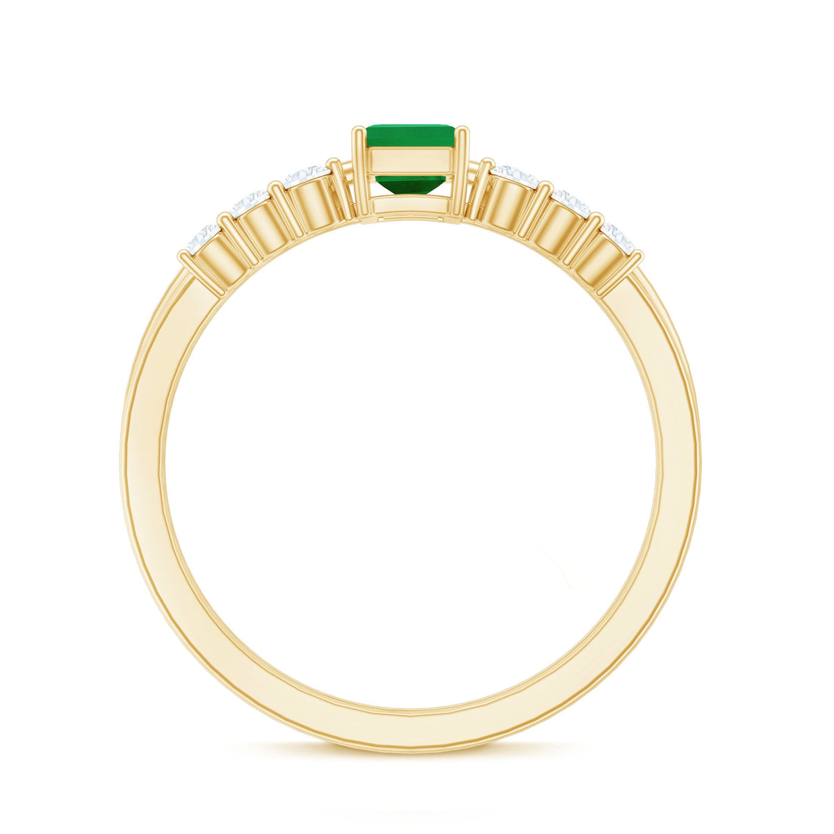 Pair of natural emerald cut emerald and diamond wedding rings set by Rosec Jewels, elegant engagement and wedding ring duo.