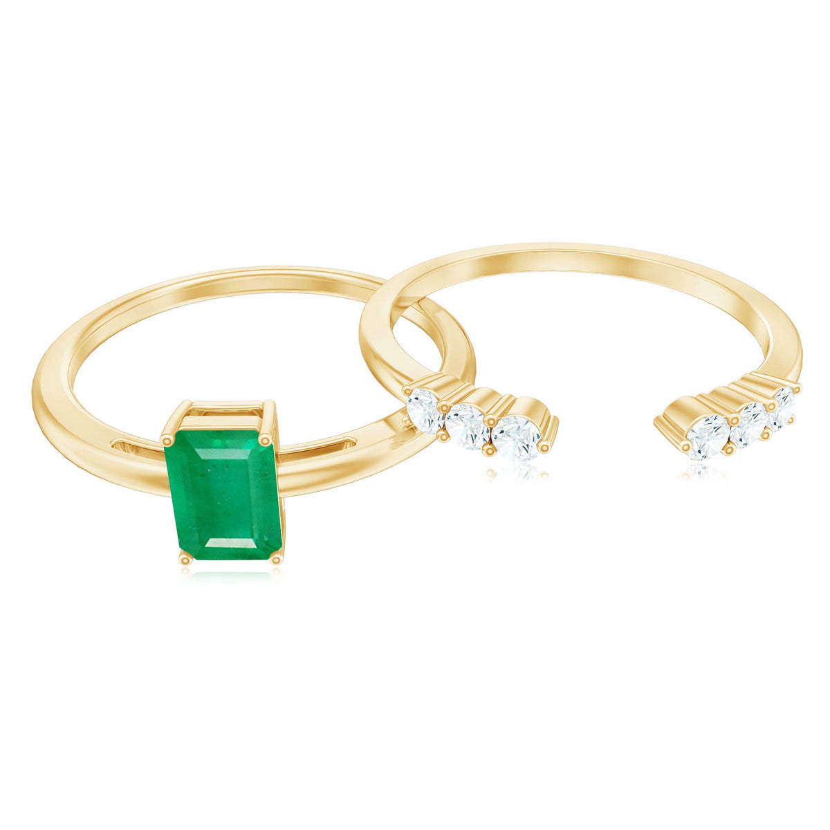 Pair of natural emerald-cut emerald and diamond engagement wedding rings set by Rosec Jewels, showcasing elegant design and craftsmanship.