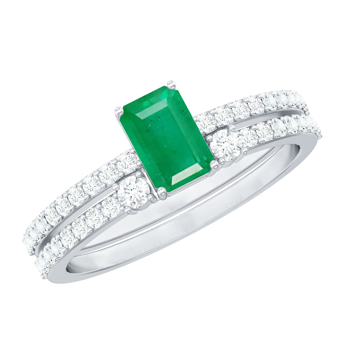Genuine emerald cut engagement ring and wedding band set with emerald and diamond accents from Rosec Jewels.