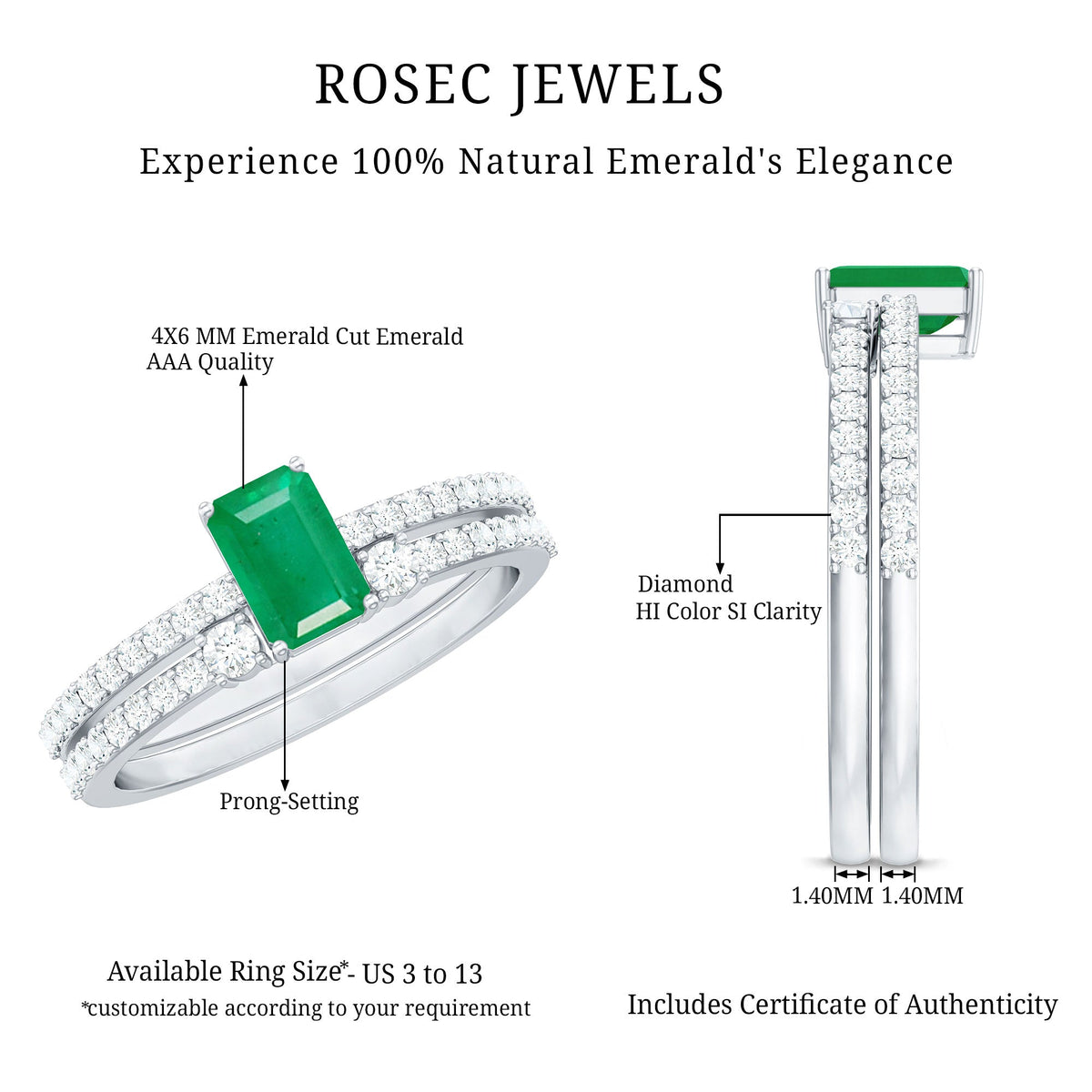 Genuine emerald cut engagement ring and wedding band set with emerald and diamond accents by Rosec Jewels.
