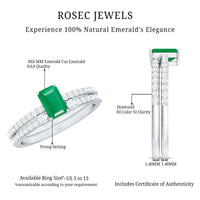 Genuine emerald cut engagement ring and wedding band set with emerald and diamond accents by Rosec Jewels.