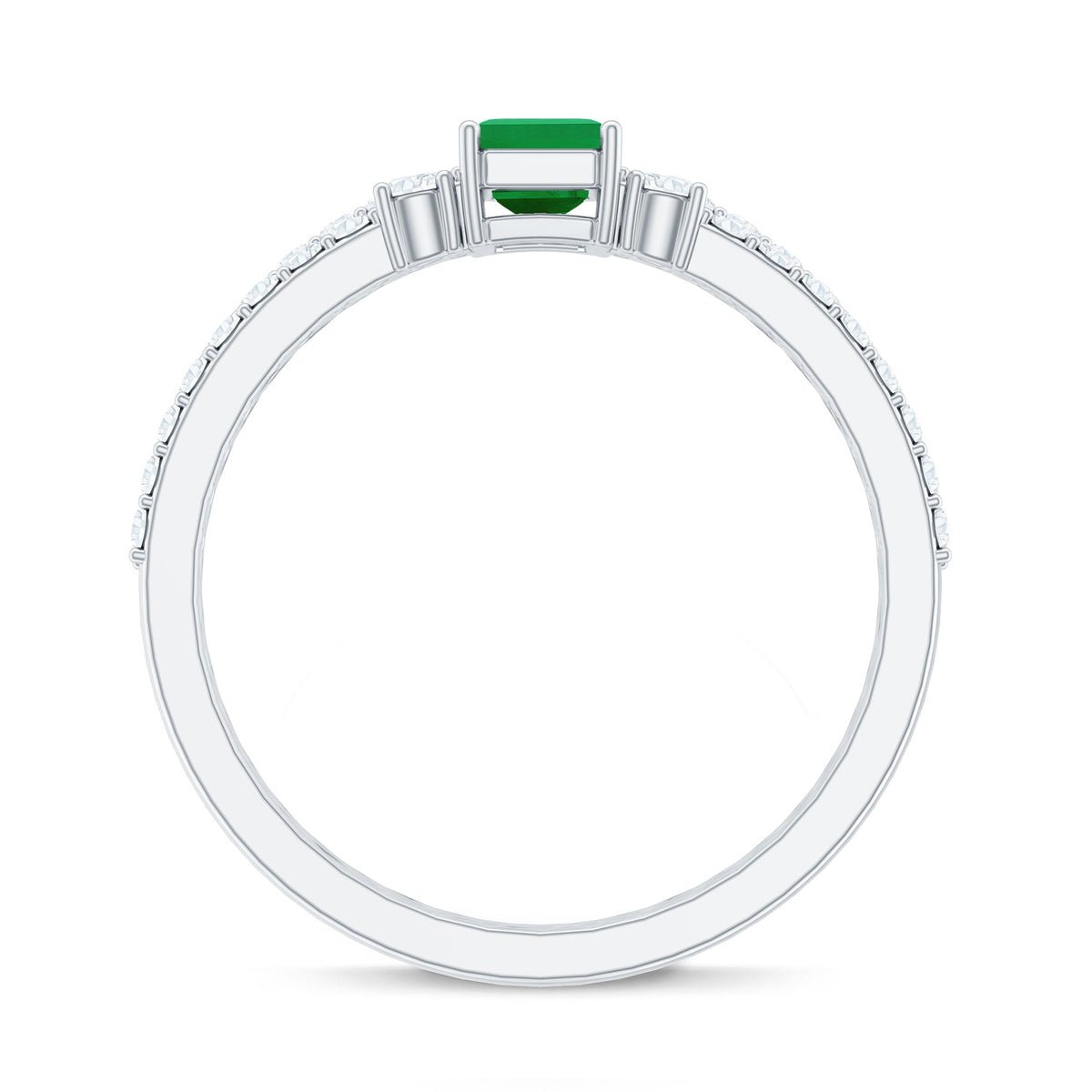 Genuine emerald cut diamond and emerald engagement ring with matching wedding band from Rosec Jewels, featuring elegant gold setting.