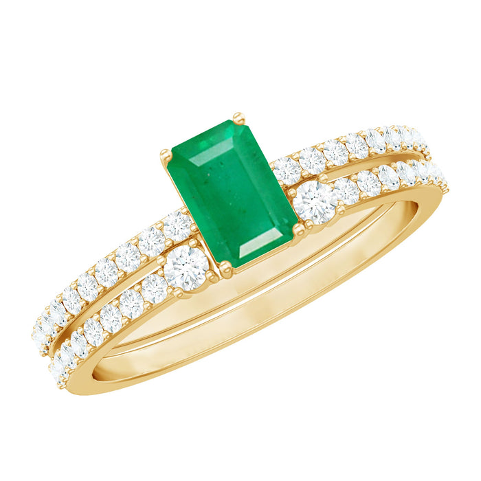 Genuine emerald cut diamond engagement ring and wedding band set with emerald and diamond accents, by Rosec Jewels.