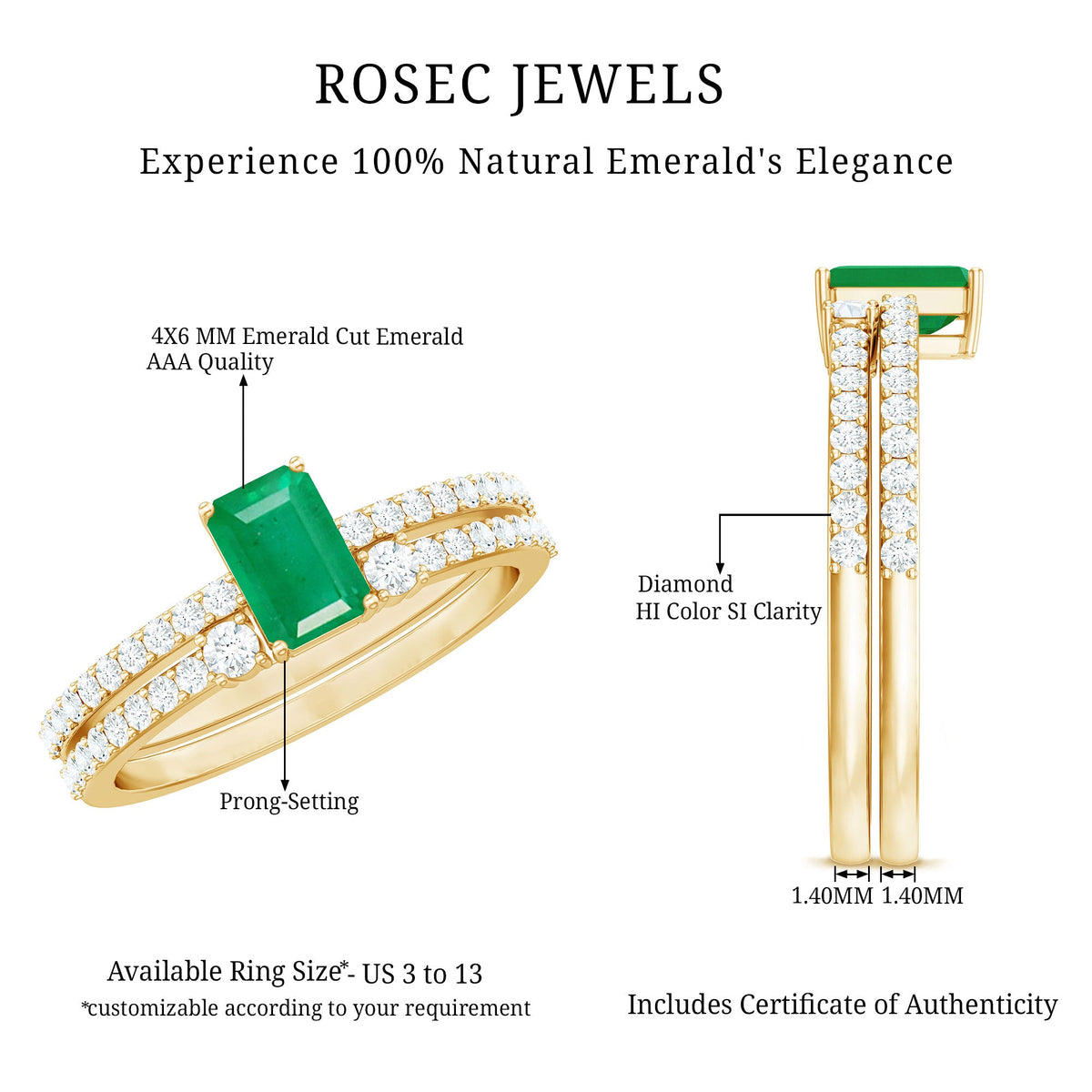 Genuine emerald-cut diamond and emerald engagement ring with matching wedding band set by Rosec Jewels, showcasing elegant jewelry.