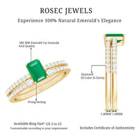 Genuine emerald-cut diamond and emerald engagement ring with matching wedding band set by Rosec Jewels, showcasing elegant jewelry.