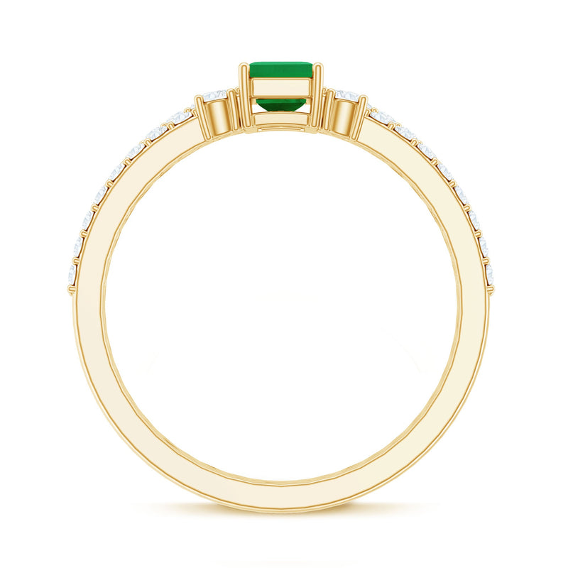 Genuine emerald cut engagement ring and wedding band set with emeralds and diamonds from Rosec Jewels, showcasing intricate design details.