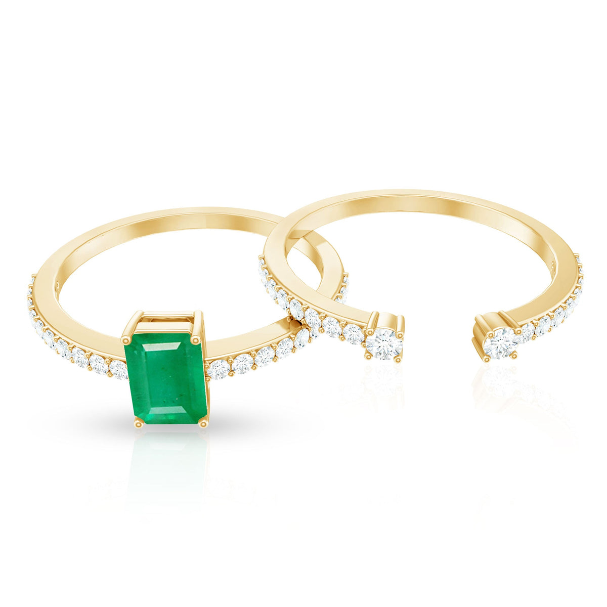 Genuine emerald cut diamond and emerald engagement ring with matching wedding band from Rosec Jewels, showcasing elegant jewelry design.