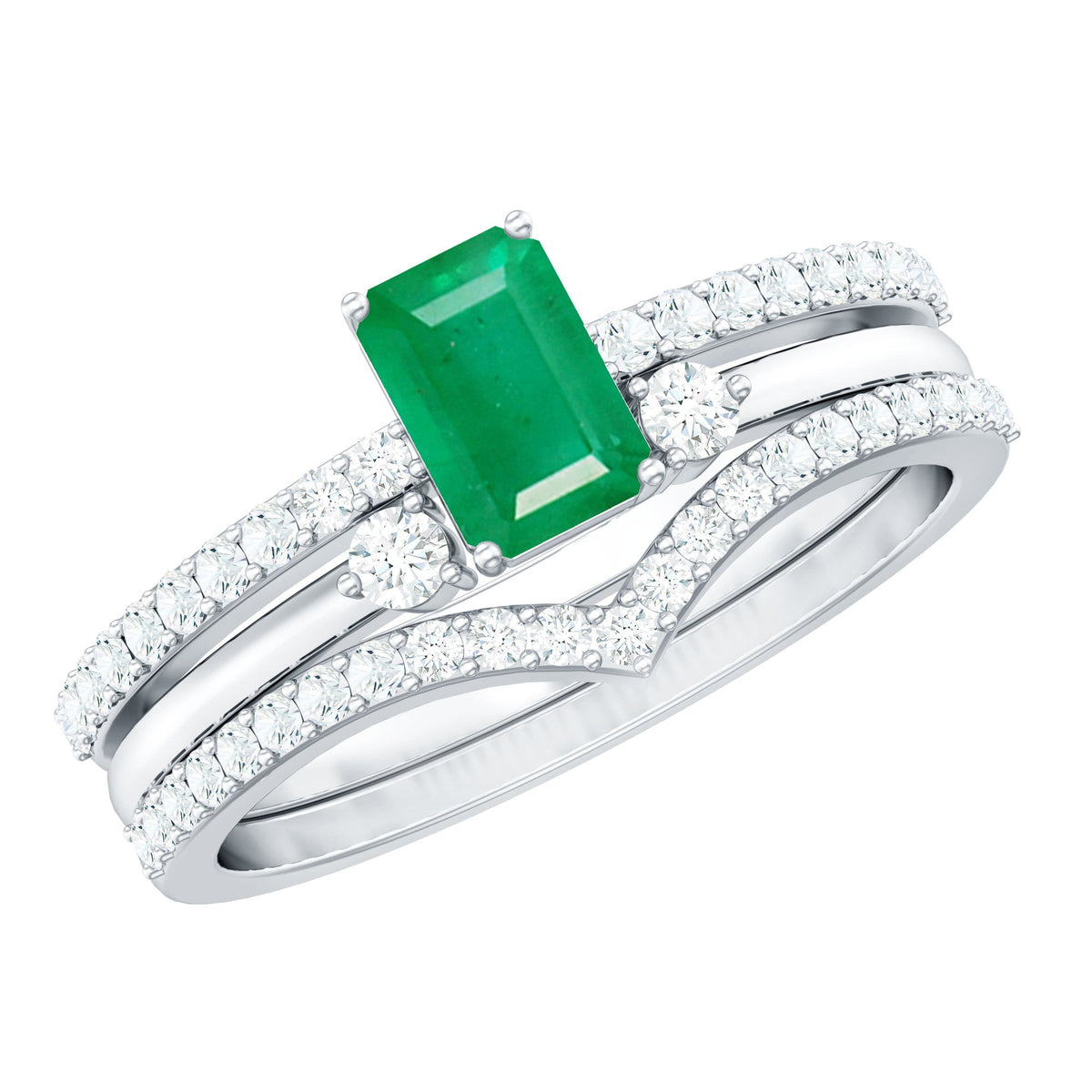 Natural emerald cut emerald diamond 3-piece bridal ring set by Rosec Jewels, featuring elegant rings with emerald and diamond accents.
