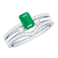 Natural emerald cut emerald diamond 3-piece bridal ring set by Rosec Jewels, featuring elegant rings with emerald and diamond accents.