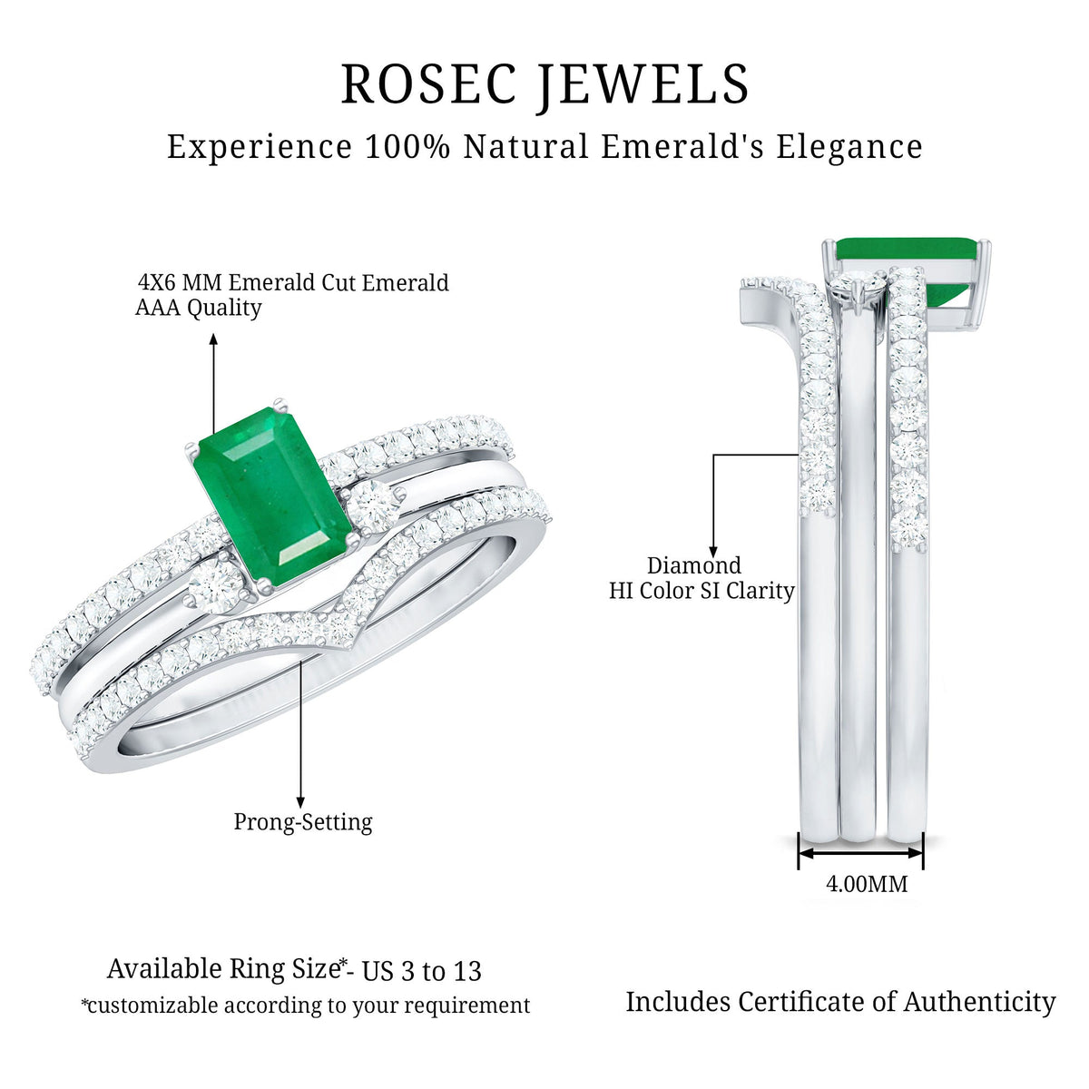 Natural emerald cut emerald and diamond bridal ring set by Rosec Jewels featuring three elegant rings with green gemstones and sparkling accents.