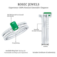 Natural emerald cut emerald and diamond bridal ring set by Rosec Jewels featuring three elegant rings with green gemstones and sparkling accents.