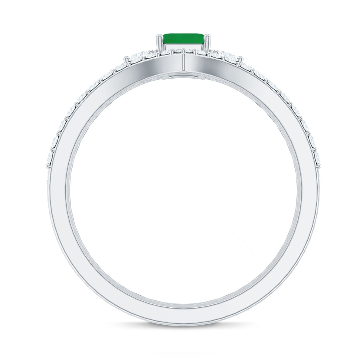 Natural emerald cut emerald and diamond bridal ring set by Rosec Jewels, featuring three elegant matching rings.