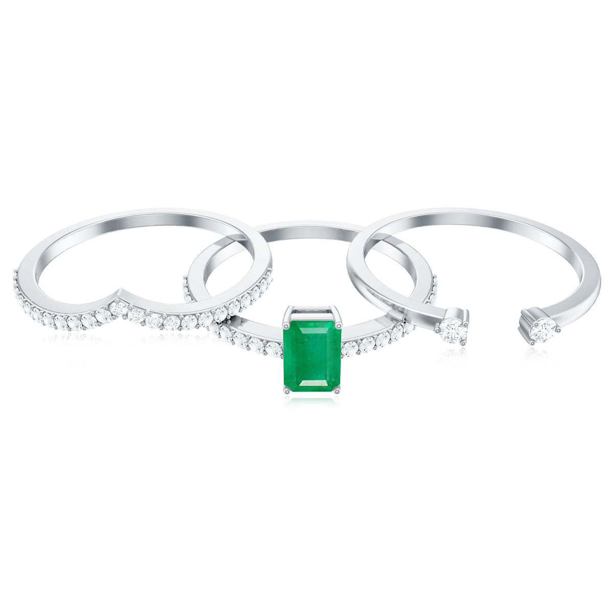 Natural emerald cut emerald and diamond bridal ring set by Rosec Jewels featuring three elegant rings with sparkling stones.