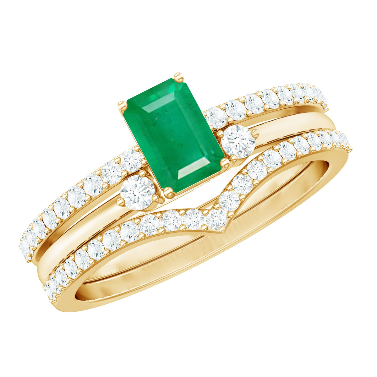 Natural emerald cut emerald and diamond bridal ring set by Rosec Jewels, featuring three elegant rings with detailed craftsmanship.
