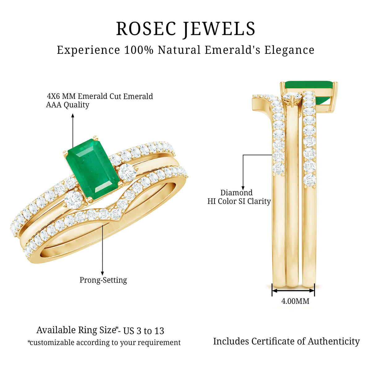 Natural emerald cut emerald and diamond bridal ring set by Rosec Jewels, featuring three elegant rings with green gemstones and sparkling diamonds.