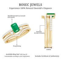 Natural emerald cut emerald and diamond bridal ring set by Rosec Jewels, featuring three elegant rings with green gemstones and sparkling diamonds.