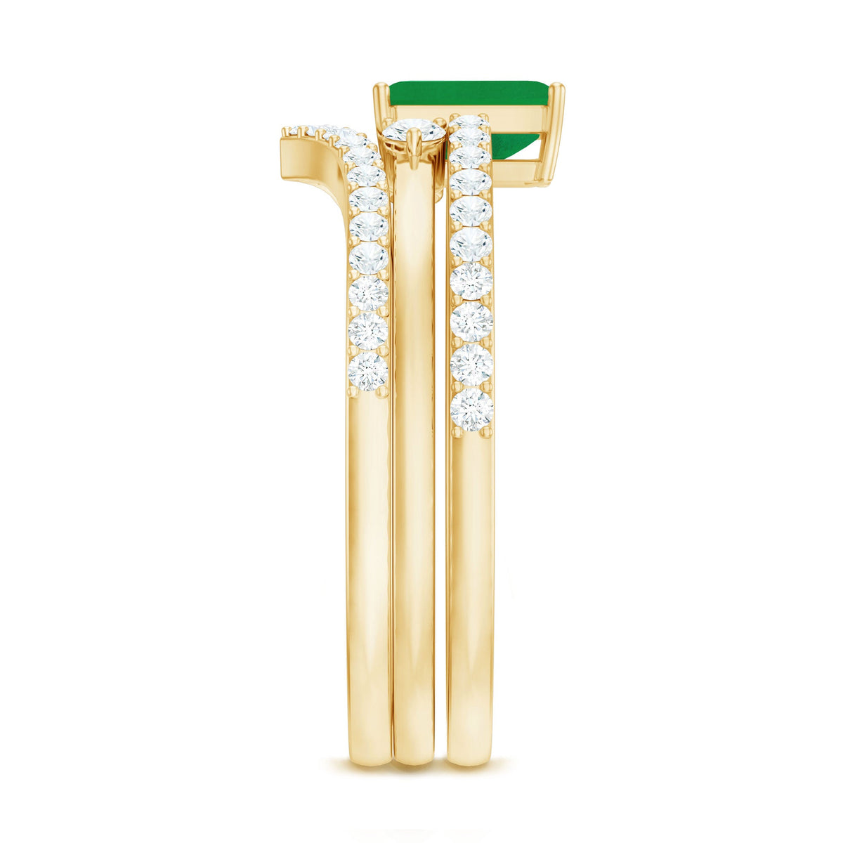 Natural emerald cut emerald and diamond bridal ring set by Rosec Jewels, featuring three elegant rings with intricate detailing.