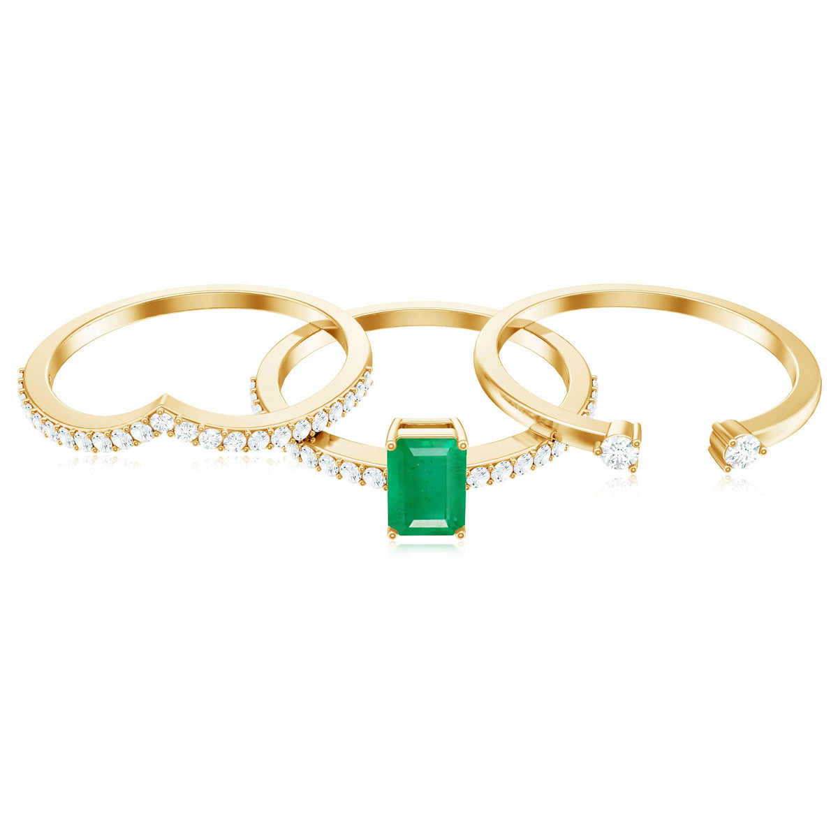 Natural emerald cut diamond and emerald bridal ring set by Rosec Jewels featuring three elegant rings with sparkling gemstones.
