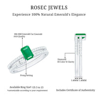 Genuine emerald-cut diamond engagement ring with enhancer from Rosec Jewels, featuring a central emerald gemstone and intricate band details.