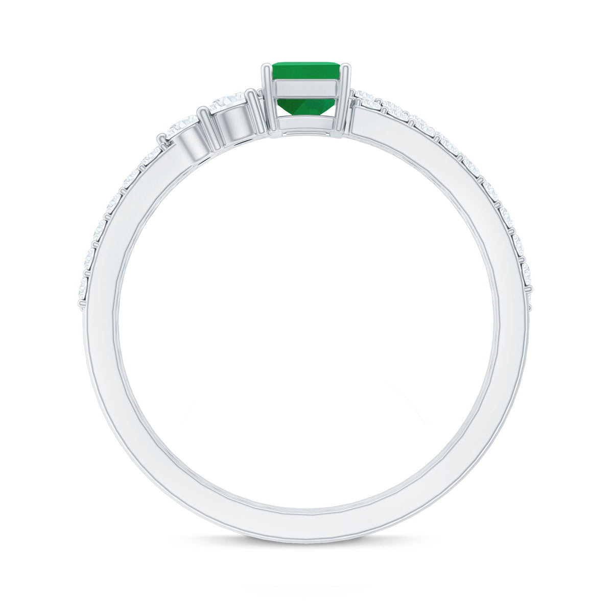 Genuine emerald-cut diamond and emerald engagement ring with enhancer from Rosec Jewels, showcasing the elegant gemstone setting.