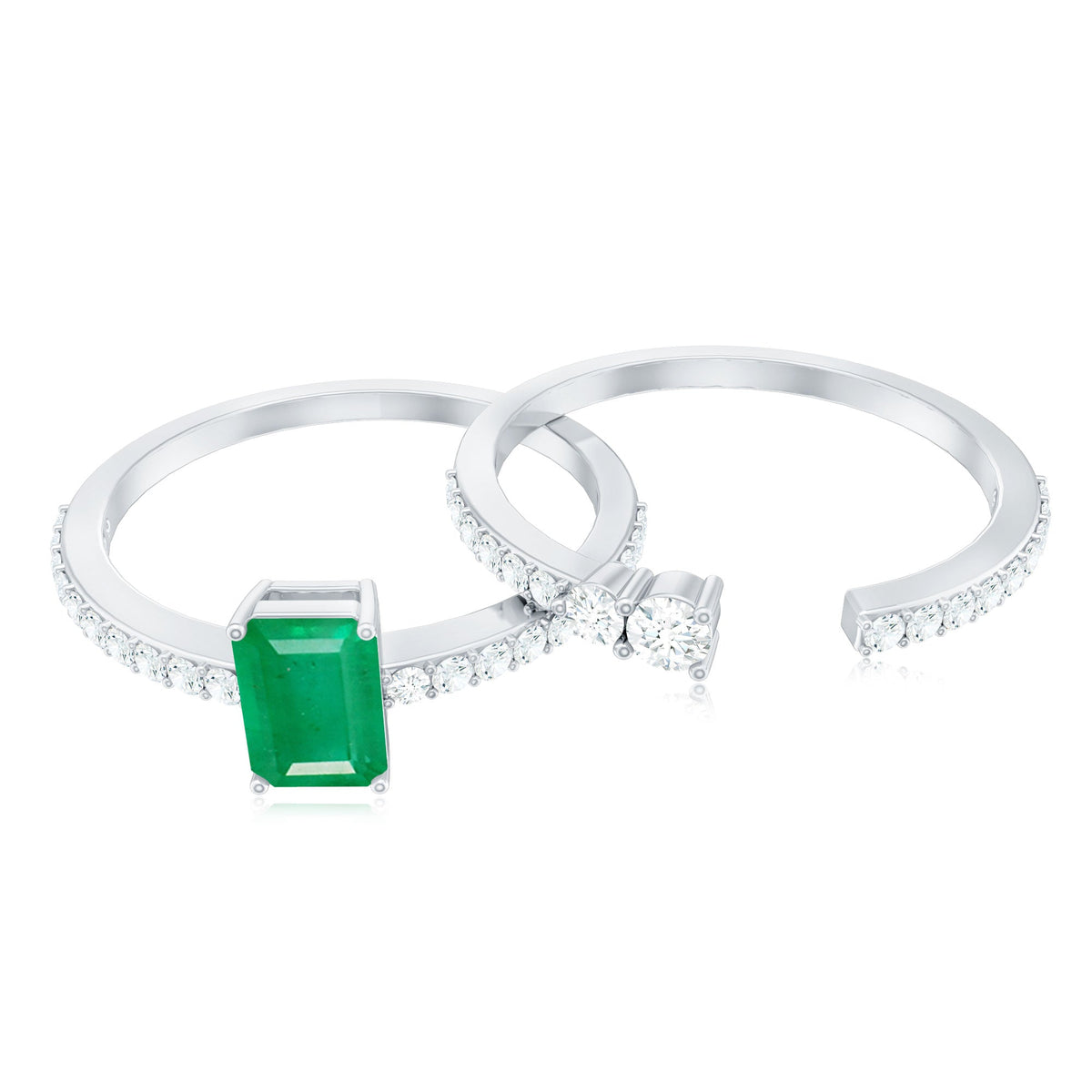 Genuine emerald cut engagement ring with diamond accents and enhancer from Rosec Jewels, featuring a lush green emerald center stone.