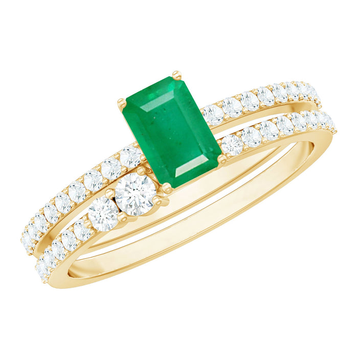 Genuine emerald cut diamond engagement ring with emerald gemstone and enhancer setting, crafted by Rosec Jewels.