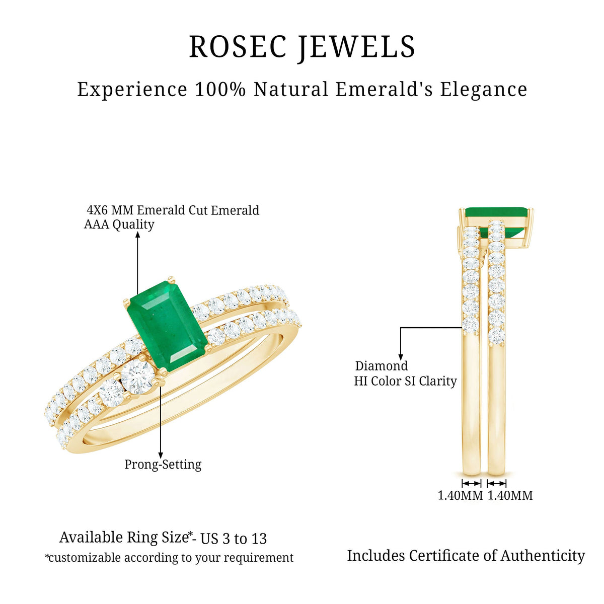 Genuine emerald cut diamond and emerald engagement ring with enhancer from Rosec Jewels, showcasing the elegant ring design.