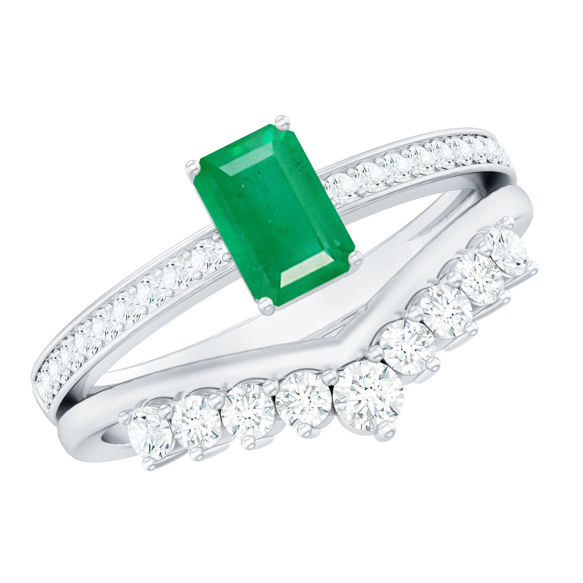 Natural emerald diamond engagement ring with emerald cut center stone and curved wedding band by Rosec Jewels