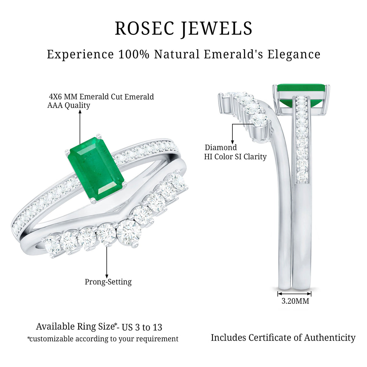 Natural emerald cut diamond engagement ring with curved wedding band by Rosec Jewels, featuring a green emerald centerpiece and elegant design.