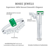 Natural emerald cut diamond engagement ring with curved wedding band by Rosec Jewels, featuring a green emerald centerpiece and elegant design.